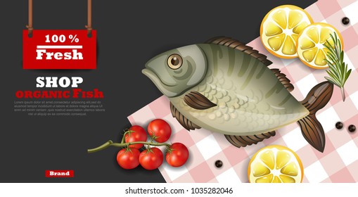 Fresh fish card template vector realistic. 3d illustrations