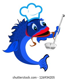 Fresh fish Chef with big spoon.Vector