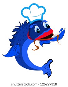 Fresh fish is a chef with a spoon on a white background.Vector