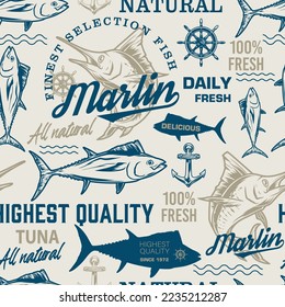 Fresh fish colorful seamless pattern with delicious tuna and natural marlin fish for promotional storefront or seafood fair vector illustration