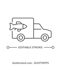 Fresh fish delivery line icon. Food products transportation by van. Grocery store service. Seafood shipment. Isolated vector illustration. Outline symbol. Simple linear drawing. Editable stroke