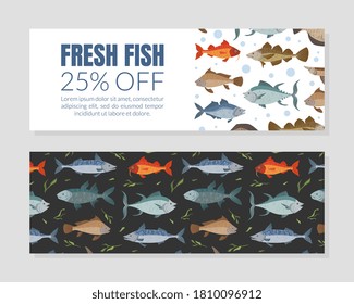 Fresh Fish Flyer, Coupon Template, Seafood Market, Shop, Menu Design Element Flat Vector Illustration