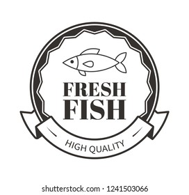 Fresh fish of high quality, restaurant menu logo template in circle, banner. Monochrome silhouette of underwater animal, advertising label. Black marine product vector