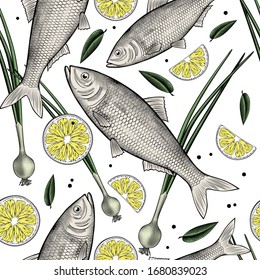 Fresh fish isolated on a white background. Seamless background with a pattern of green onions, lemon and fresh fish. Antique color engraving of a stylized drawing. Vector illustration.