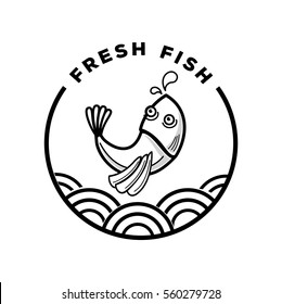 fresh fish jump over ocean logo design in minimal look