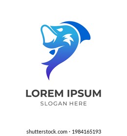 fresh fish logo design with flat blue color style