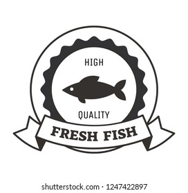 Fresh fish logo design with monochrome silhouette of underwater animal in circle, advertising label. Black marine seafood product isolated on white, vector