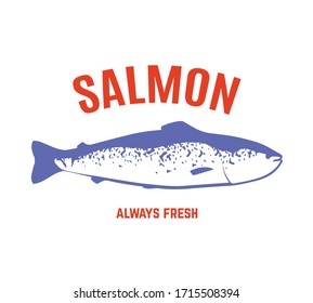 Plantilla de diseño de logotipo de pescado fresco. Emblema, etiqueta o símbolo de salmón aislado en fondo blanco. Ilustración vectorial para el mercado de pescado y el restaurante.