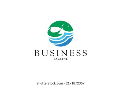 fresh fish logo and sea water waves in circle in simple flat design style