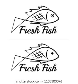 Fresh fish logo symbol icon sign simple black colored set 2. A set of two fish logos, black, sketch style, minimalist with a sample text.