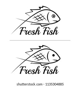 Fresh fish logo symbol icon sign simple black colored set 6. A set of two fish logos with a visible mouth line, black, sketch style, minimalist with a sample text.