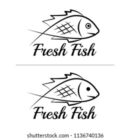 Fresh fish logo symbol icon sign simple black colored set 8. A set of two fish logos with a visible mouth line, black, sketch style, minimalist with a sample text.
