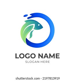 fresh fish logo template, fish, leaf and water combination logo with 3d blue and green color style