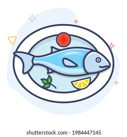 Fresh fish on a plate outline illustration. Seafood dish vector line symbol.