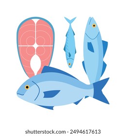 Fresh fish products - dorado, sea bass, salmon, herring. Food category, minimalist vector, white background. Simple and quite illustration.