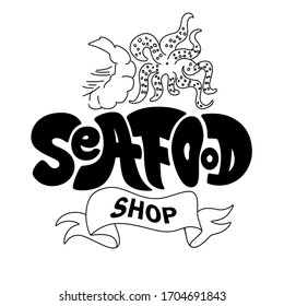 Fresh fish sea food logo template illustration for shop or restaurant advertising on white background. Hand drawn lettering design element for banner, menu and poster in hipster style
