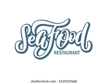Fresh fish sea food restaurant template illustration for restaurant advertising on grunge textured white background. Hand drawn lettering design element for banner, menu and poster in hipster style