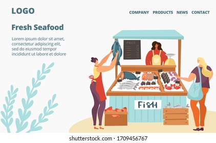 Fresh fish and seafood sale market or store webpage template flat vector illustration. Sea food in ice, customers and seller of raw salmon and tuna, products showcase full of fish. Street counter.