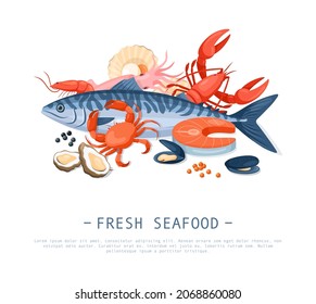 Fresh fish. Seafood. Vector icons set of sea fishes with shrimp, salmon, sea bass, dorado, lobster, crab, mussel, squid, octopus, oyster, shells on a white background. Seafood for menu, web design