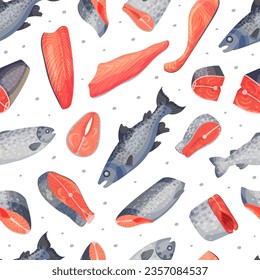 Fresh Fish Seamless Pattern Design with Flesh and Fillet Vector Template