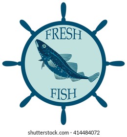 Fresh fish. Fish and steering wheel icon. Vector illustration.