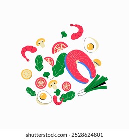 Fresh fish and vegetables in flat vector illustration symbolizing healthy cooking, meal preparation, and seafood, isolated on white background.