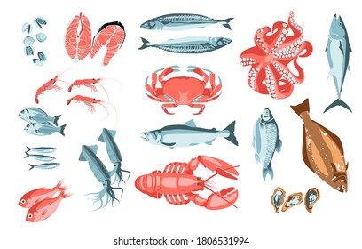 Frische Fische und Meereslebewesen. Bio-natürliche gesunde, nahrhafte Meeresfrüchte. Speisekarte, Aquamarkt-Design, Vektorgrafik einzeln auf weißem Hintergrund