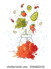 Fresh flavored smoothie for a detox diet. Bright poster, banner in watercolor style. Cocktail for healthy lifestyle. Juicy splashes of juice and water. Vegetarian food and drink. Vector illustration