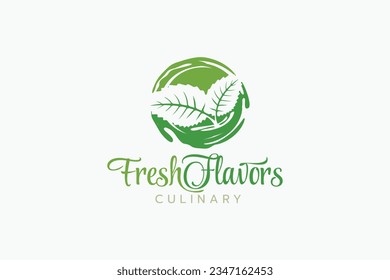 fresh flavors culinary logo with a combination of a mint leaf, circular splashes, and beautiful lettering. Great for fresh food business, cafes, restaurants, etc.