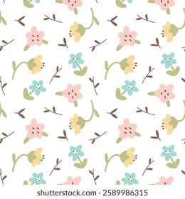 Fresh floral branches and buds vector seamless continuous print pattern, wallpaper, background, home textile print, seamless pattern, hand drawn pattern.