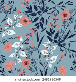 Frische Blumenmuster mit Wildblumen auf einem hellblauen Hintergrund. Nahtlose Vektorgrafik in handgezeichnetem Stil. Eine Reihe von Blumen und Kräutern verstreut zufällig.