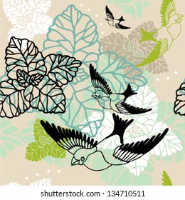 Fresh floral seamless pattern vector with mint leaves and birds.