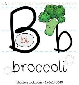 Flor fresca de brócoli con cara linda, enseñándote el alfabeto inglés y la pronunciación correcta de la letra 'B'.