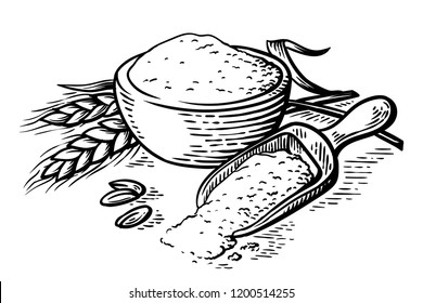 fresh flour wooden dish scoop on white background vector illustration