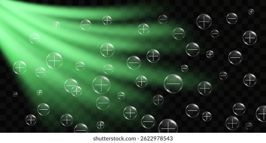 Fresh flow of ionized air. Negative and positively charged ions. Realistic 3D vector illustration isolated on dark transparent background.