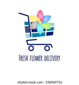 Fresh flower delivery. Vector logo, icon of daisies in pushcart