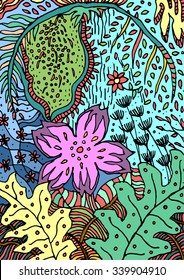 fresh flower floral pattern design, forest background, hand drawn, vector illustration