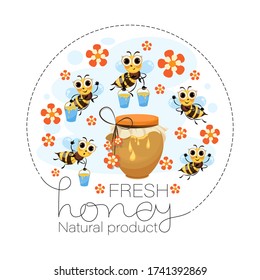 Fresh flower honey. Swarm of bees. Vector honey label, emblem. Funny cartoon characters 