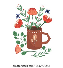 Fresh flowers in big old fashioned clay mug, hand drawn in flat style, isolated vector illustration
