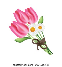 Fresh flowers bouquet with tulips and daisy. Colored spring bunches in flat cartoon style. Beautiful design elements for greeting or wedding card isolated on white vector illustration. 3d illustration