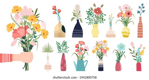 Fresh flowers bouquets. Summer bouquet set isolated, woman flowers gift, tulips and daisies, lilacs and daffodils spring bunches vector illustration