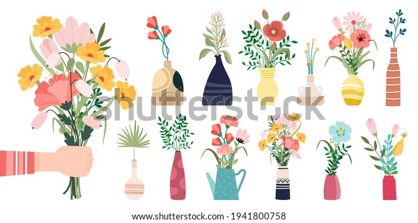 Fresh flowers bouquets. Summer bouquet set\
isolated, woman flowers gift, tulips and daisies, lilacs and\
daffodils spring bunches vector\
illustration