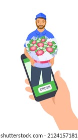 Fresh flowers express delivery. Delivery man holds floral bouquet. Customer makes an order online by mobile phone app. Floral shop delivery service worker gives an order. Flat cartoon illustration