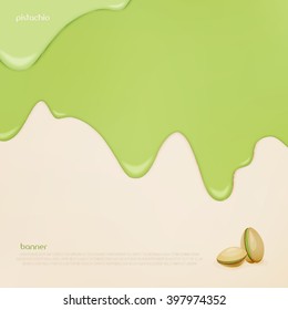 fresh, flowing pistachio ice cream. vector slow food concept banner. closeup natural food background design. bakery menu decoration with drip nut fruits cream and pistachios icon