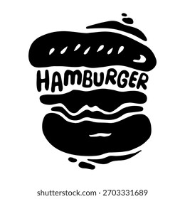 hambúrguer fresco e macio com uma assinatura. Ilustração em preto e branco vetorial, no estilo de um logotipo, em um fundo isolado branco
