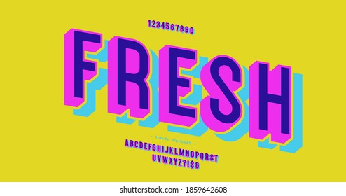 Fresh font 3d bold colorful style for logo, decoration, party poster, t shirt, book, greeting card, sale banner, printing on fabric. Cool alphabet 3d modern typography. Trendy typeface. Vector 10 eps