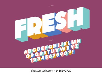 Fresh font 3d bold style cute color for summer party, kids poster, book, t shirt, flier, decoration, card, sale banner, printing on fabric, industrial. Cool typeface. Trendy alphabet. Vector 10 eps