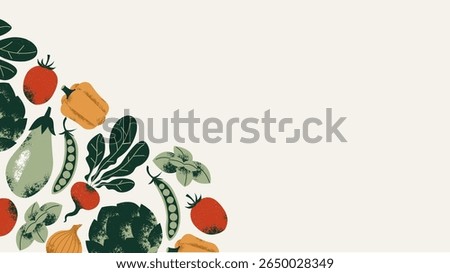 Fresh food background. Various vegetables horizontal composition. Vector illustration