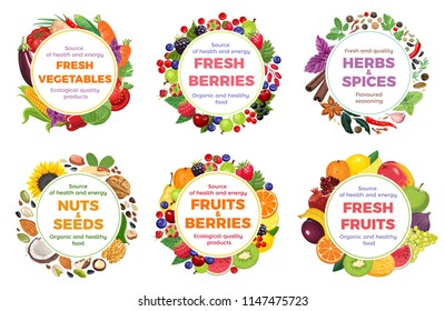 Fresh food banner. Nuts, seeds, herbs, spices, berries, fruits, vegetables. Vector illustration in flat style. Round frame, label, sticker.