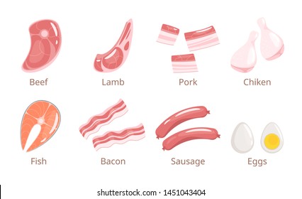 Fresh food cartoon vector illustrations set. Carnivore diet products. Beef, chicken, bacon, fish, eggs cliparts pack. Protein rich meal ingredients. Butchery assortment isolated design elements 